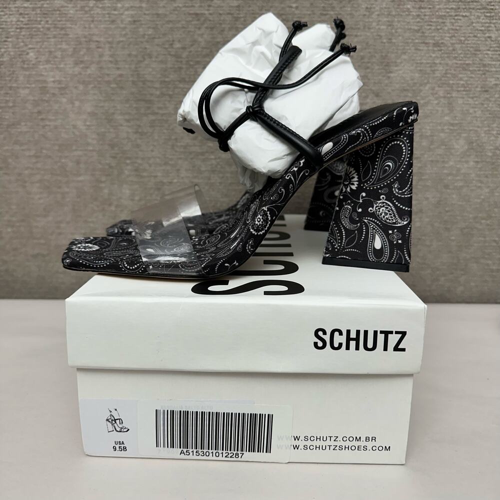 Schutz Mayla Paisley Block Heel Sandals Black White Lace Up Clear Strap 9 9.5 B